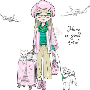 矢量美丽的时装女孩环游世界矢量美丽的时装女孩身着冬季服装穿手提箱可爱的狗和猫乘坐飞机环游世界背景图片