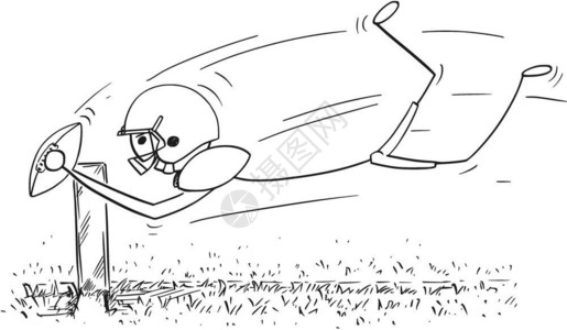 卡通棍手画美国足球运动员跳到得分的插图图片