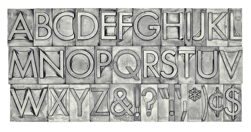 旧金属类型的英文字母美元百分数和标点符号黑白图象图片