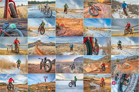 胖子骑自行车在科罗拉多州北部骑自行车的胖子由来自科罗拉多州北部的25张照片组成的拼图背景