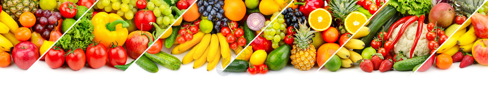 白色背景的新鲜水果和蔬菜的全景拼图免费文本空间图片
