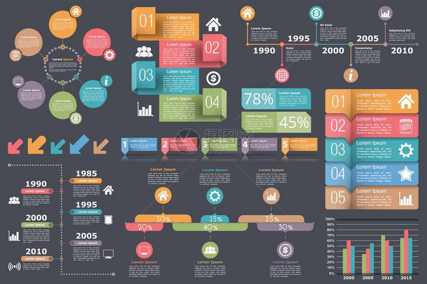 信息要素集一组信息要素圆图时间表箭头带有百分比的图表条形带有数字步骤或选项和文字的对象矢量eps10插图图片