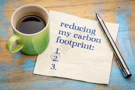 减少我的碳足迹列表在餐巾纸上的笔迹加一杯咖啡背景图片