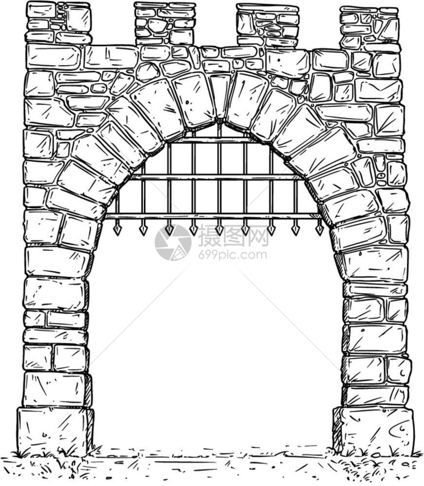 开石中世纪决定门与铁棒的卡通矢量用铁棒绘制开中世纪石决定门的图解图片