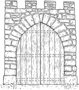 中世纪门木质门关闭的石器中世纪决定门的卡通矢量木质门关闭的中世纪石器决定门的图解插画