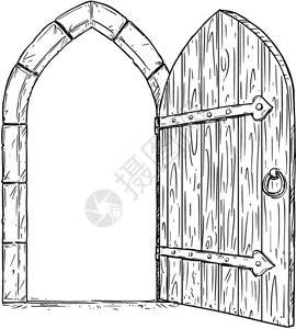 中世纪门卡通矢量涂鸦图解开中世纪的木制决定门插画
