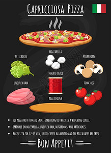 腊肠海报Capriciosa比萨饼古老的海报在黑板上Capriciosa比萨配方意大利披萨配有洋菊花mozzarella和黑板矢量图解的插画