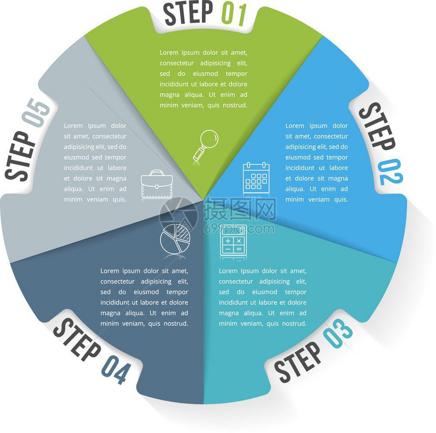 包含五个元素的圆形信息模板包含五个元素步骤或选项工作流程或图矢量eps10插图图片