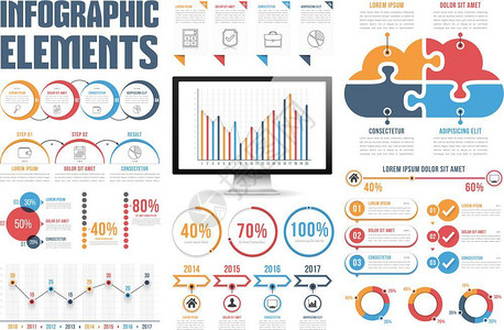 饼状百分比信息要素过程信息图百分比条形图和线步骤选项时间表信息图饼拼解谜云矢量eps10插图插画