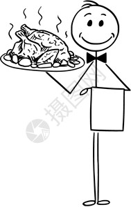 烤银鳕鱼持有银板或与烤鸡土耳其的托盘侍者卡通棍手绘制了用烤鸡或火作为餐者持有银盘或具的侍者概念说明插画