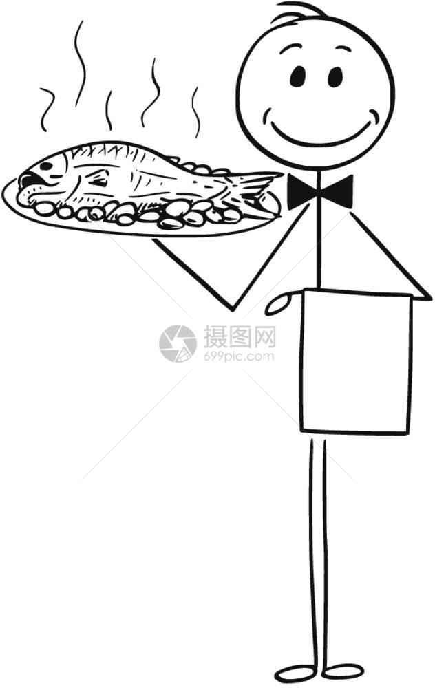 持银板或鱼托盘的侍者漫画卡通棍手绘制了用银盘或子装鱼的侍者概念说明图片