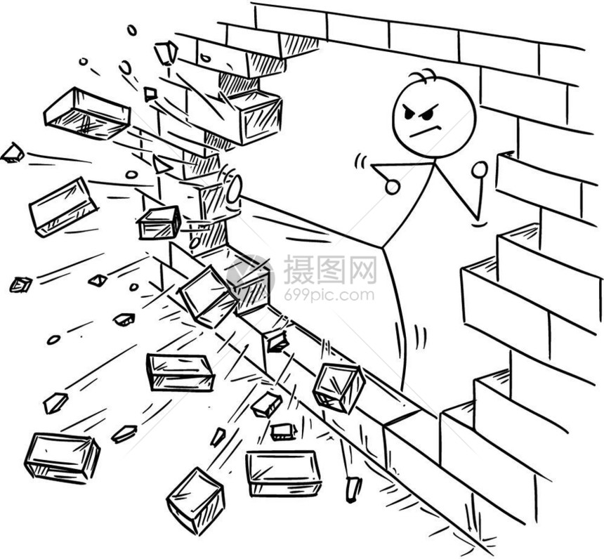 卡通棍手绘制商人用功夫或空手道踢砖墙的概念说明障碍和解决方案的商业概念图片