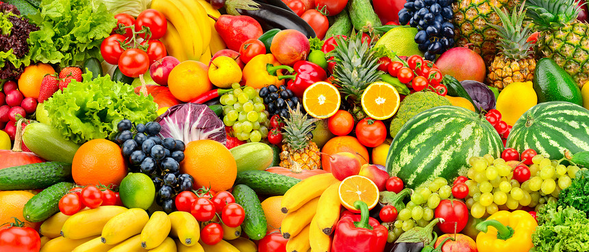 各种新鲜的成熟水果和蔬菜食品概念背景顶层视图复制空间图片