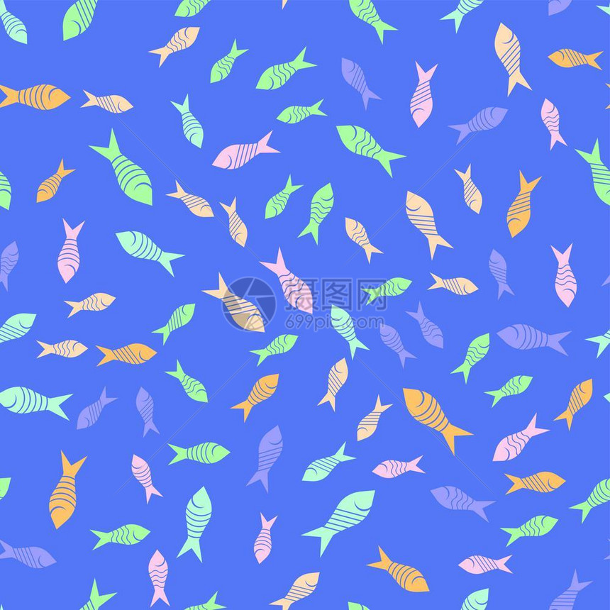 蓝背景上的彩色小鱼群图片