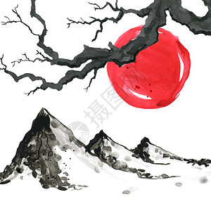 传统美丽的水彩手画图日本风格的山水彩手画图图片