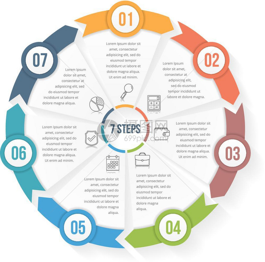 包含七元素的圆形信息模板包含七元素步骤或选项工作流程或图数据振动矢量eps10插图图片
