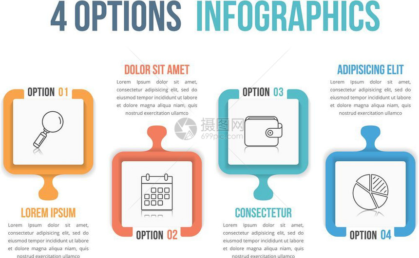 四种选项的Infograph模板包含四个选项的Infograph模板用拼图设计可以用作步骤过程工作流矢量eps10插图图片