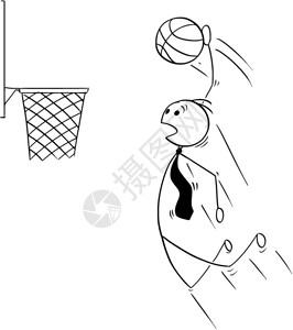 职业篮球商人打篮球和得分的卡通画棍手绘制了商人打篮球跳和得分的概念说明成功的商业概念插画