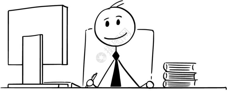 微笑商人在办公室工作的漫画卡通棍手描绘了在办公室工作的微笑商人概念图片