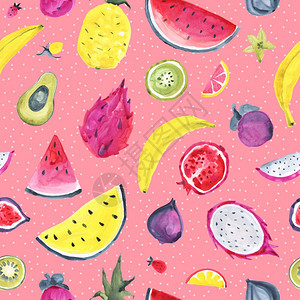 手画的西瓜热带异国水果的形态抽象无缝背景热带异国水果的无缝热带形态手画食品设计背景