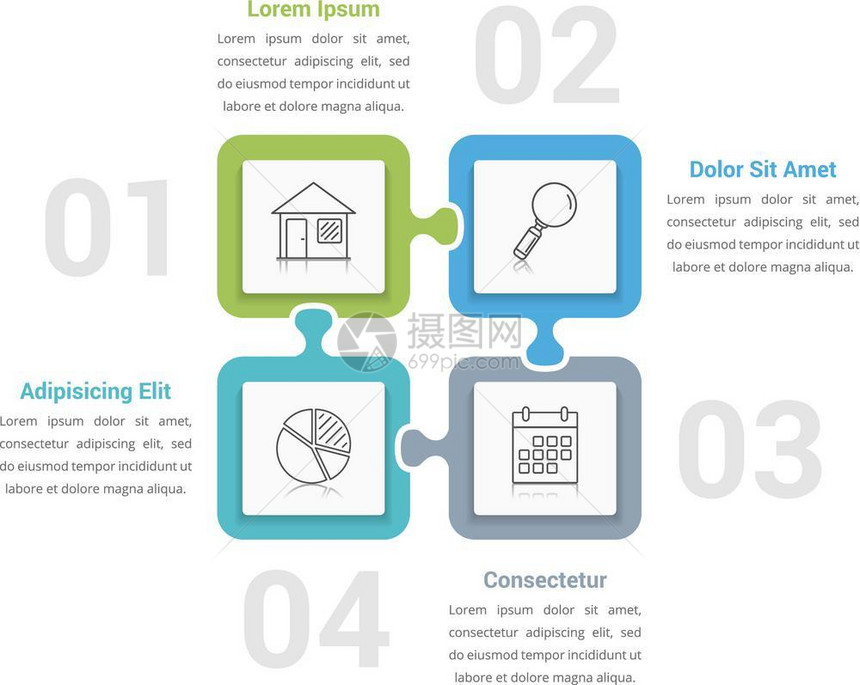 拼图包含四个选项的Infograph模板用拼图设计可以用作步骤进程工作流矢量eps10插图图片