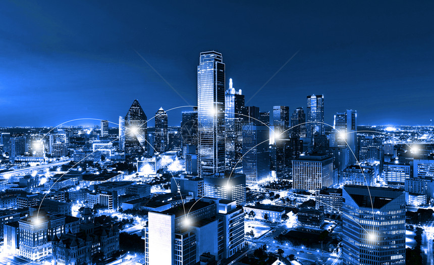 Skycrapers的网络和连接技术概念城市天空crapers的网络和连接技术概念美国得克萨斯州达拉市夜间Skycrapers的图片