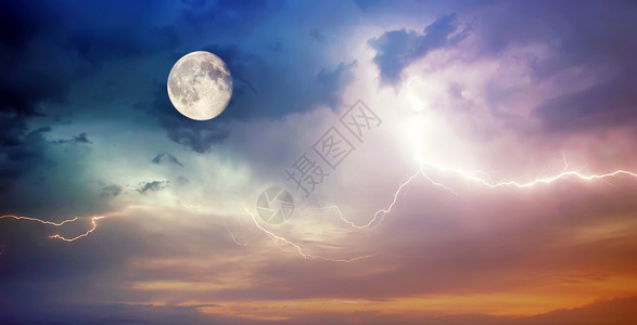 月亮和闪电天空组成雾高清图片素材
