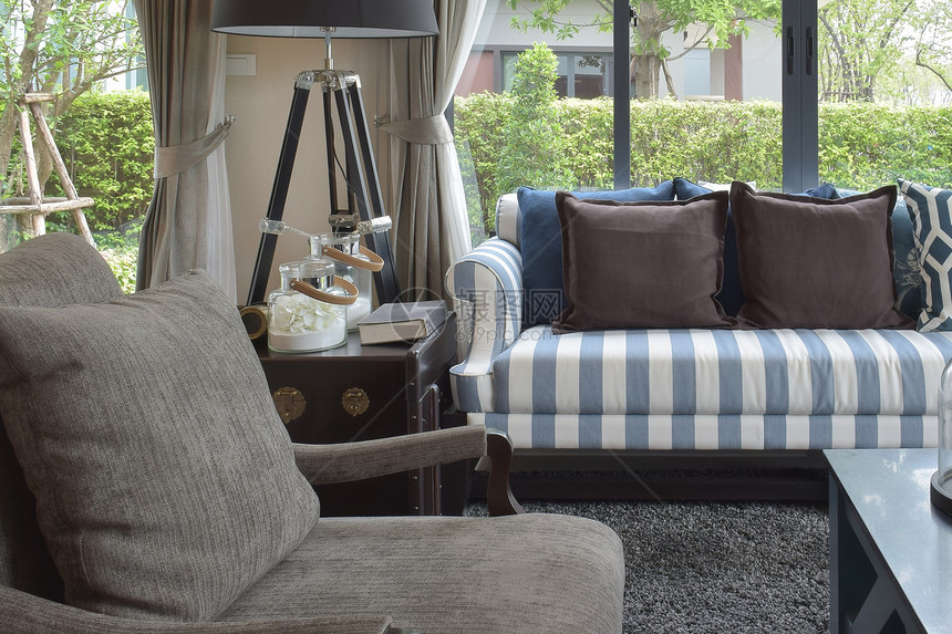 豪华客厅设计配有经典沙发椅子和装饰式桌灯图片