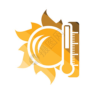 太阳和温度计带有高图标太阳和度计带有高图标平面彩色设计矢量图解图片