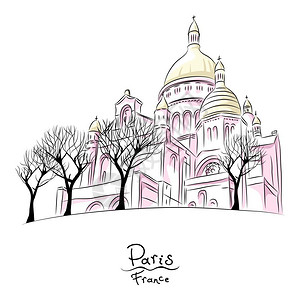 法国巴黎教堂法国巴黎圣心的矢量草图与法国巴黎的圣心教堂一起绘制城市景观的矢量手草图插画