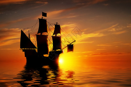 追波风太阳古老的海盗船在日落时和平的海洋上静波浪反射日落时背景