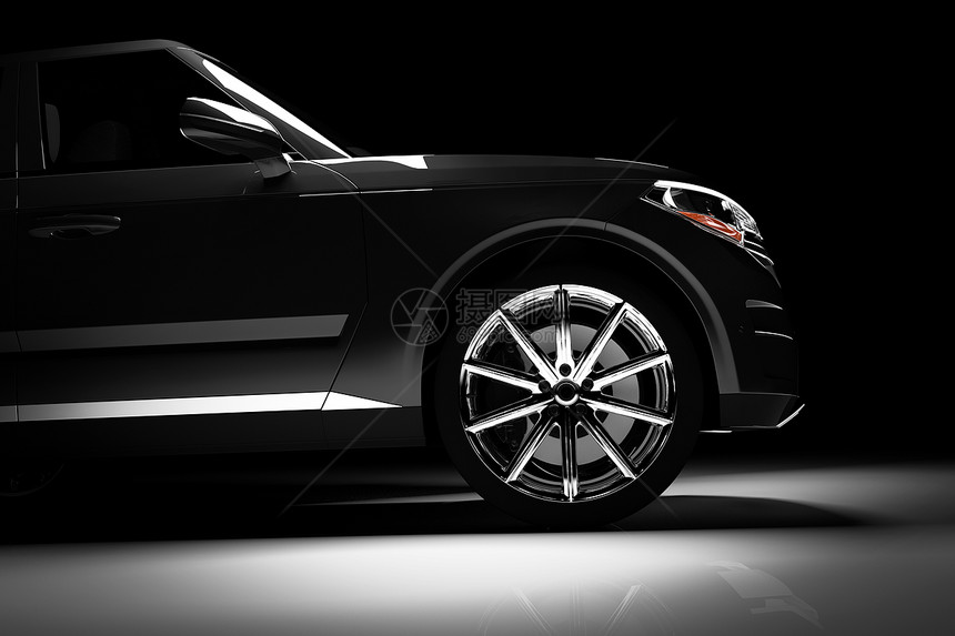 现代黑色SUV车的侧面视图在黑色背景的聚光灯下3D制成奢华汽车现代黑色SUV车的侧面视图在聚光灯下图片
