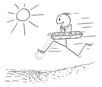 瓦克蒂普湖黑白卡通小人拿着游泳圈冲进海里插图插画