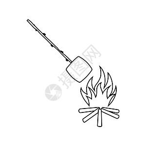卡通篝火烤棉花糖露营火的图标薄线设计矢量插图背景