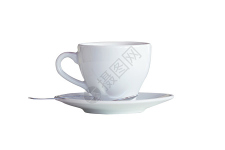 咖啡杯用勺子隔着白色背景的咖啡杯图片