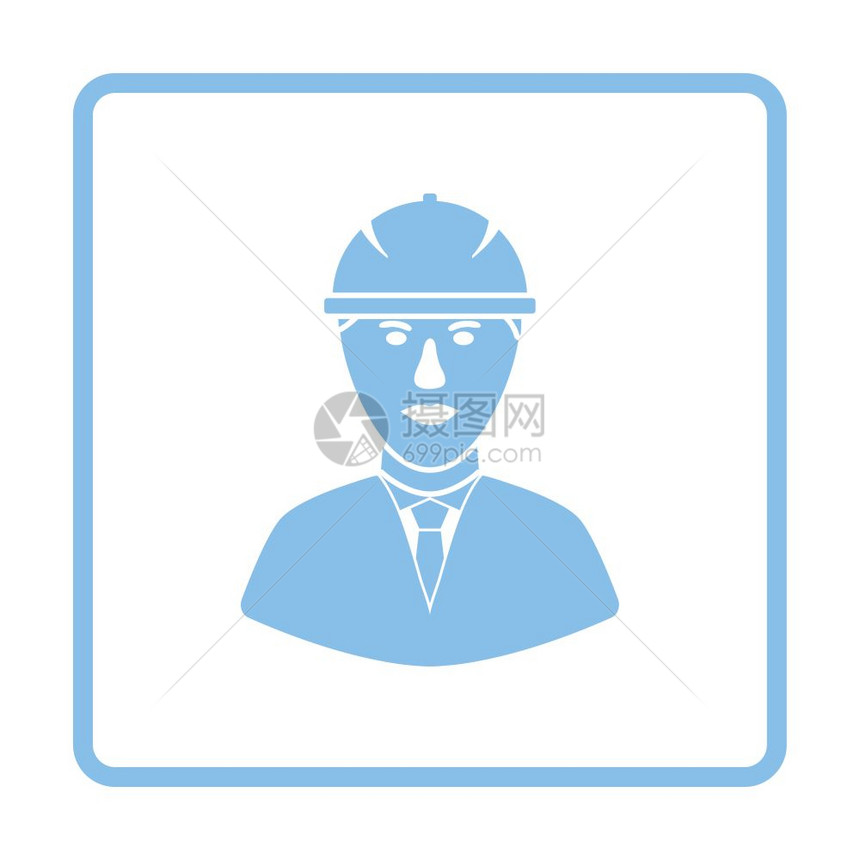 建筑工人头戴盔的图标蓝色框架设计矢量插图图片