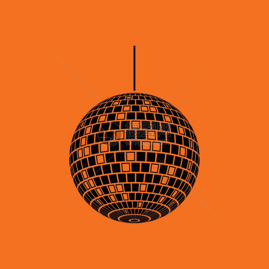 党迪斯科球体图标橙色背景黑矢量插图图片