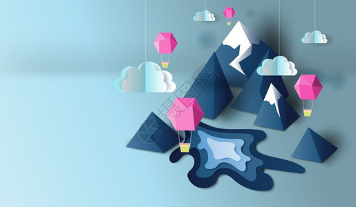 3D立体山川河流云朵热气球矢量设计模板图片