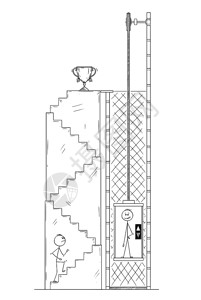 电梯使用Cartoon棍子绘制男人或商上楼梯为赢家和奖杯而竞争者则使用电梯或成功和竞争的商业概念Man或商人的卡通为Winner和上楼梯插画
