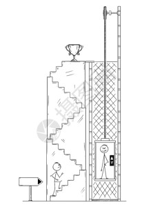 电梯使用Cartoon棍子绘制男人或商上楼梯为赢家和奖杯而竞争者则使用电梯或成功和竞争的商业概念Man或商人的卡通为Winner和上楼梯插画