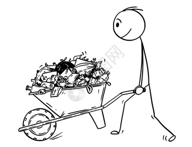 卡通棍子绘制人类推车的全垃圾和概念插图Man推车的全垃圾卡通图片