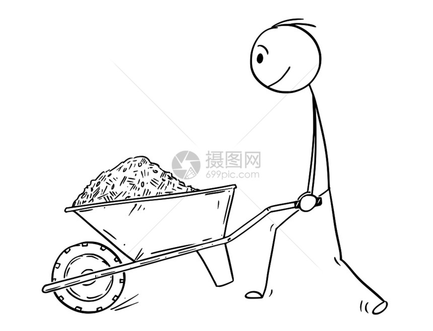 卡通棍绘制人类用沙土泥或推轮子的木板概念插图图片