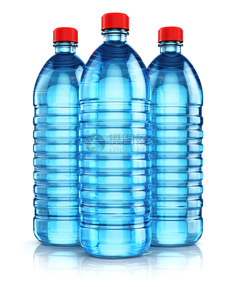3D表示三组蓝色塑料瓶清晰净化的饮用碳水与白色背景隔开并产生反射效果图片