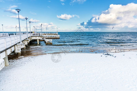 波罗的海冬季景波兰格但斯克布尔日诺码头白雪阳光明日高清图片
