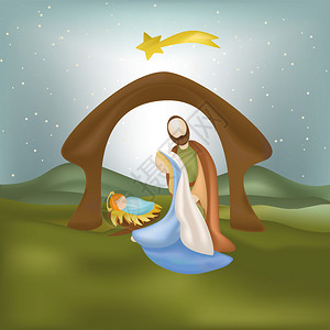圣天使堡与圣家人一起的诞节天场景插画
