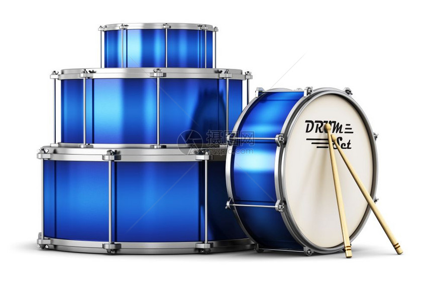 具有创意的抽象音乐器概念3D表示蓝鼓的插图配有一对白底的木棍图片