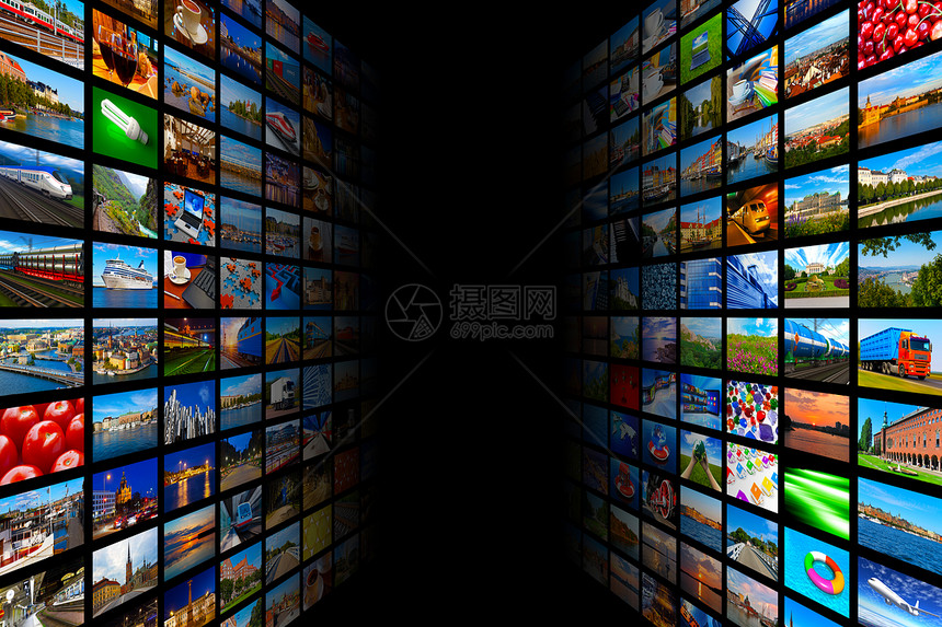 具有创意的抽象网络流动媒体视频电技术与多媒体商务互联网通信概念黑背景有无尽的屏幕墙壁有彩色照片和不同图像的多彩展示图片