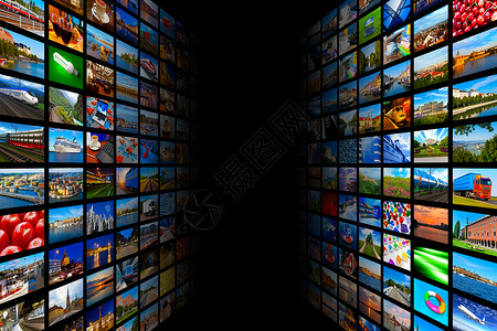 具有创意的抽象网络流动媒体视频电技术与多媒体商务互联网通信概念黑背景有无尽的屏幕墙壁有彩色照片和不同图像的多彩展示演示高清图片素材