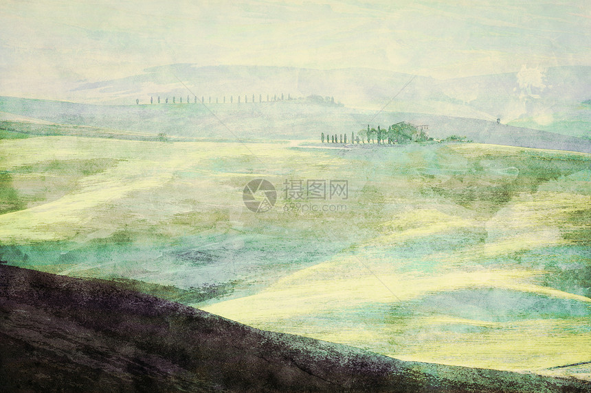 在日出时绘制托斯卡纳风景图画该地区斯卡纳农舍绿山葡萄园的典型情况意大利图斯卡纳风景画斯卡纳绿山图片