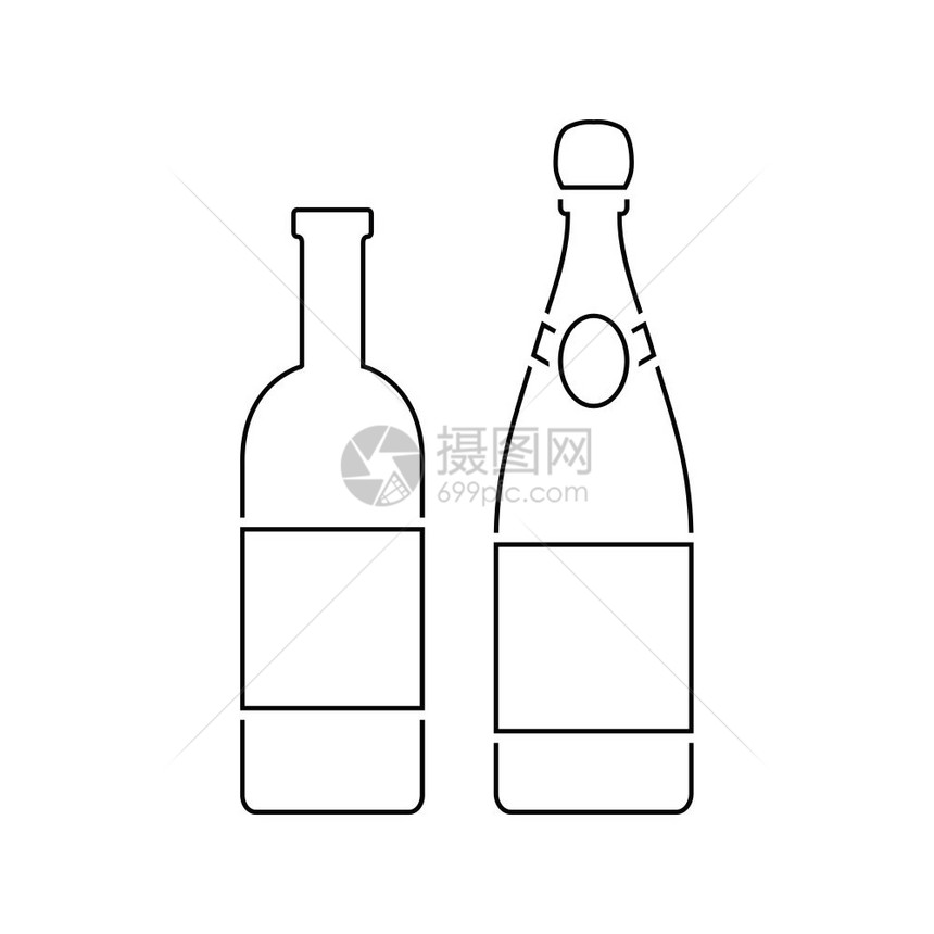 葡萄酒和香槟瓶的图标薄线设计矢量插图图片